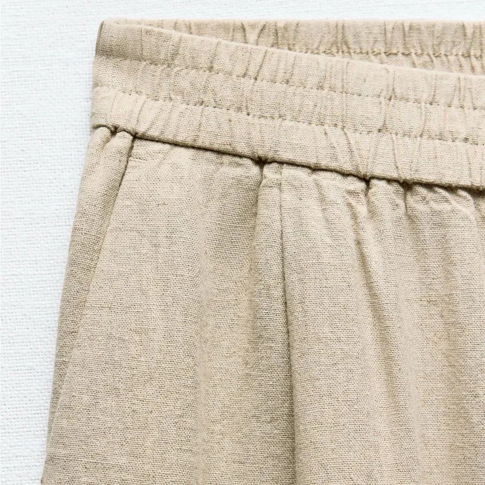 ZARA LINEN BLEND WIDE LEG PANTS LIGHT BEIGE